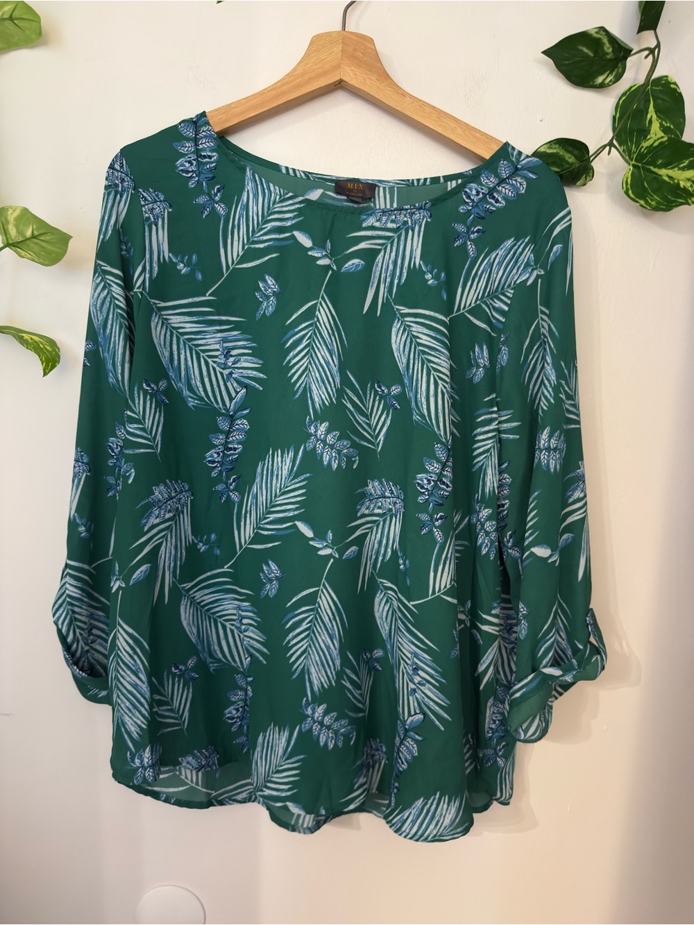 Mix It Teal Green Tropical Leaf Blouse